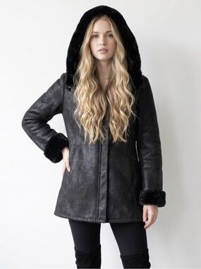 ❤️ Warm Cozy Danier Black Leather Fur Lined Warm Winter  Teddy Jacket